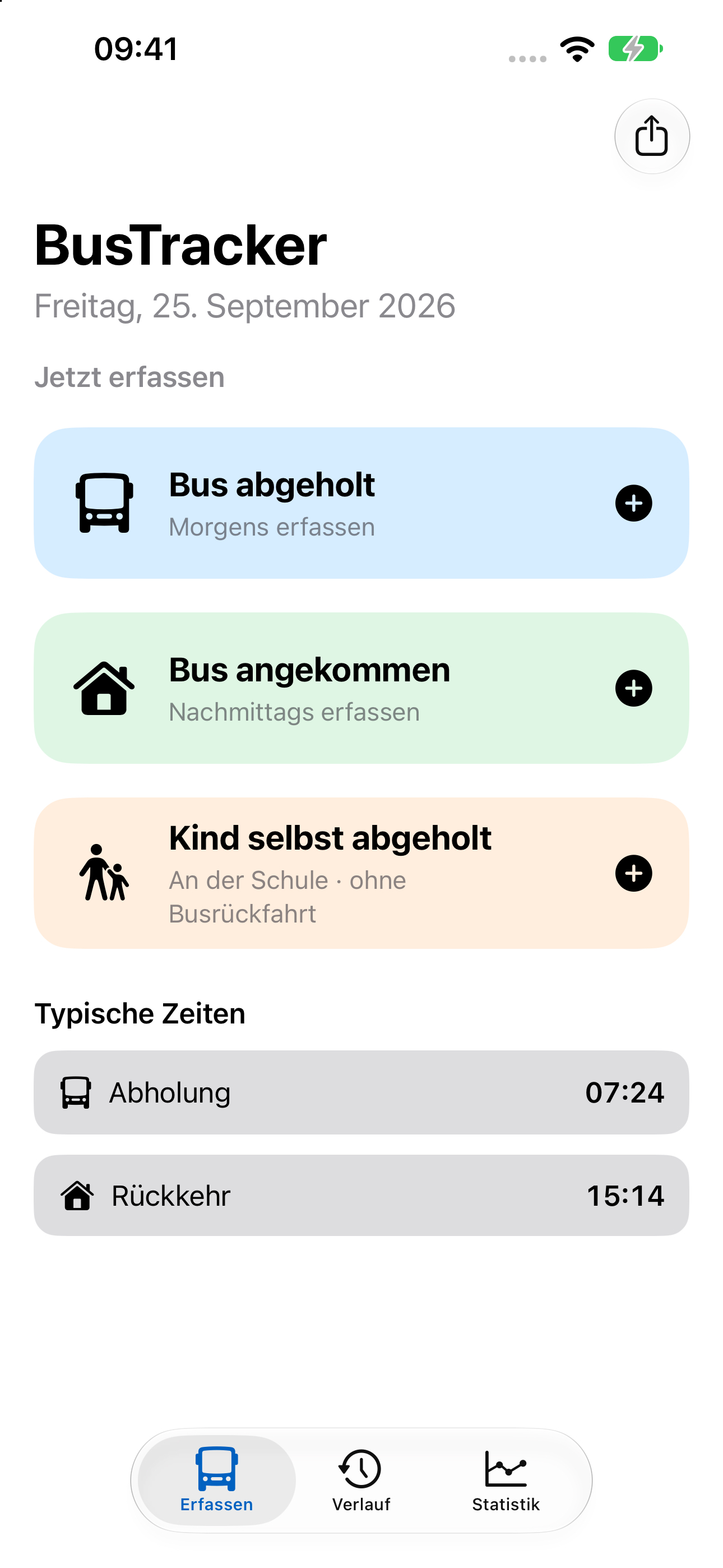 BusTracker: Abholung, Ankunft oder Selbstabholung erfassen und typische Zeiten ansehen. Beispielansicht mit fiktiven Daten.